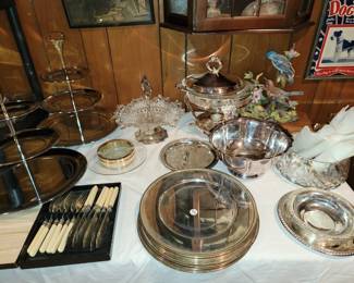 Silver plate serving trays, chargers, flatware