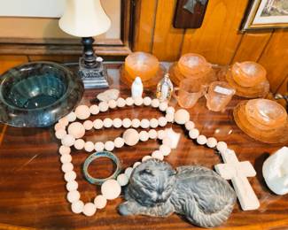 Home Decor: Pink Glass, Pottery, oversized rosary and iron cat