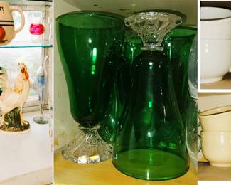 Kitchen: green glass, pottery and oversized Homer Laughlin mugs