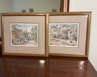 Set of signed and numbered watercolor print by Lucretia Restrepo depicting a street scene in Colonial Williamsburg, Virginia.