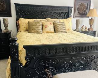 Like New Britannia Rose Collection King Bedroom Suite
King Headboard, Footboard, Pillow Top Mattress & Box Springs Armoire Granite Top Nightstands, Dresser & Mirror