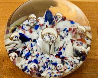 Art Glass Paperweight Blue Confetti 
