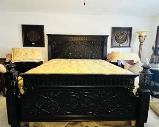 Like New Britannia Rose Collection King Bedroom Suite
King Headboard, Footboard, Pillow Top Mattress & Box Springs Armoire Granite Top Nightstands, Dresser & Mirror