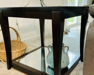 Wood End Table Clear Glass Top Mirrored Bottom