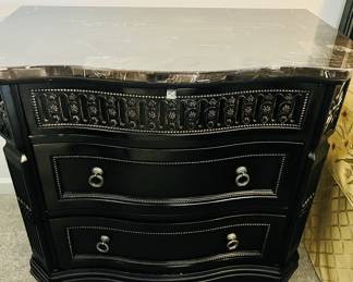 Like New Britannia Rose Collection King Bedroom Suite
King Headboard, Footboard, Pillow Top Mattress & Box Springs Armoire Granite Top Nightstands, Dresser & Mirror