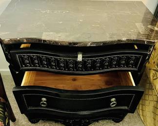 Like New Britannia Rose Collection King Bedroom Suite
King Headboard, Footboard, Pillow Top Mattress & Box Springs Armoire Granite Top Nightstands, Dresser & Mirror