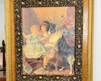Antique Victorian Lithograph Print Late 1800’s Early 1900’s Illustrated Scene Girls With Collie