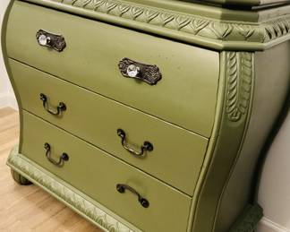 3 Drawer Engraved Serpentine Olive Bombay Chest & Mirror