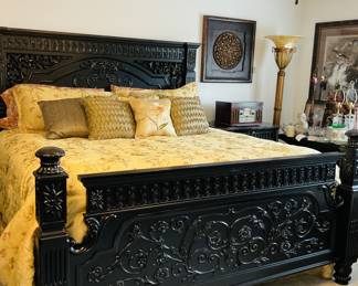Like New Britannia Rose Collection King Bedroom Suite
King Headboard, Footboard, Pillow Top Mattress & Box Springs Granite Top Nightstands, Dresser & Mirror