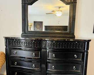 Like New Britannia Rose Collection King Bedroom Suite
King Headboard, Footboard, Pillow Top Mattress & Box Springs Armoire Granite Top Nightstands, Dresser & Mirror