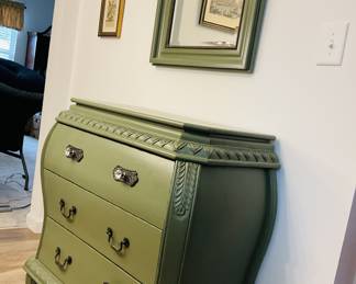 3 Drawer Engraved Serpentine Olive Bombay Chest & Mirror