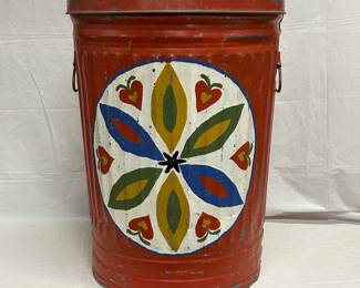 Vintage Red Painted Metal Trash Can