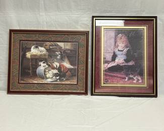 Framed Artwork Lot Featuring Cats and Young Girl