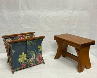 Vintage Foldable Floral Magazine Rack and Wooden Stool