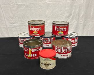 Vintage Coffee Cans - Folger's, Butter-Nut, Hills Bros, Cafe Viennese. Estimated from mid-20th century.