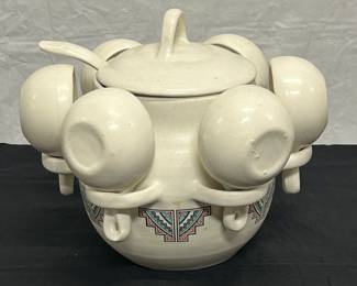Ceramic Soup or Fondue Set with Cups and Ladle. Native American Design. Circa 1990's. Ideal for entertaining or serving hot beverages.