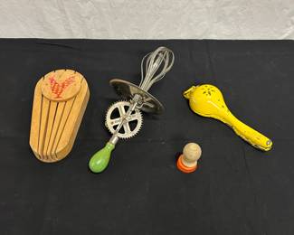 Vintage Kitchen Tools - Wooden Knife Block, Hand Crank Blender, Lemon Squeezer, Home-Made Donut Hole Cutter
