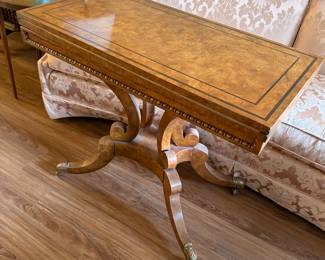 Vintage Baker English Regency Burl Wood Flip-Top Console / Game Table Tooled Leather
Inlay