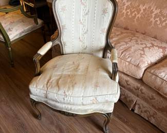 French Provincial Style Upholstered Carved Accent Side Armchair with Floral Stripe Fabric