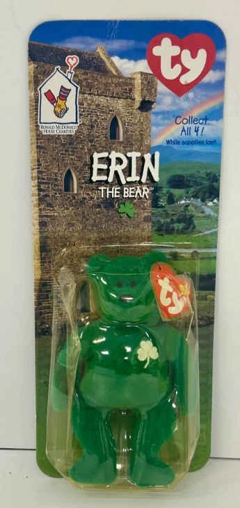 001 1999 TY Erin the Bear Triple Error Package Tush Tag, Typos Timeline Sealed McDonalds Promo