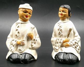 1953 AsianInspired Chalkware Figures MidCentury Kneeling Couple Holding Fan Instrument