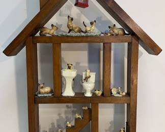 Miniature Siamese Cat Figurines in Wooden HouseShaped Display