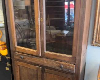 Antique Glass Front Cabinet with Drawer and Panel Doors Rustic Display Hutch