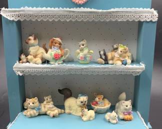 Calico Kittens Figurines on Original Enesco Display Shelf