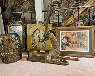 Brass deer, brass stool, clock, mirror, Anton Pieck Framed art