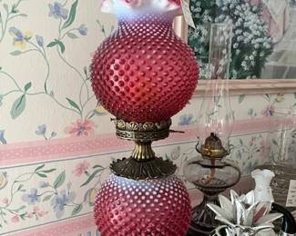 Fenton Double-Ball cranberry-color glass lamp, fantastic.