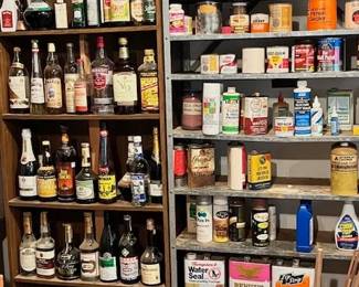 Liquor bottles, cans of paint, misc solvents, etc.