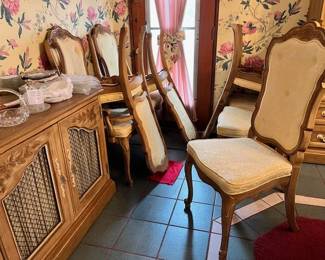 Thomasville Dining Furniture. 8 dining chairs, 2 hutches, 2 consoles, a server, and a table with 3 leaves extends to 120"