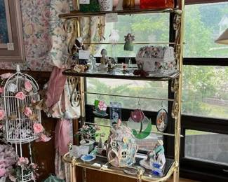 Brass shelf, sea shells, ceramics, glassware, stained glass,