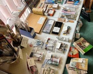 Table loaded with art supplies: brushes, easels, palettes, carriers, oil paints, acrylics, pastels, watercolors, Duncan ceramic paints—Circa 1970 of Today's Art, Palette, and American Artist magazines.