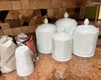 Vintage milk glass canisters, glasses