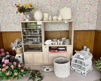Solid wood cabinet, birdhouses, artificial flowers, greenware.