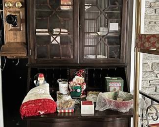 Circa 1940. Secretary. 36" x 75" x 18" deep. Owned by one family. Old oak wall phone. Holiday decorations.