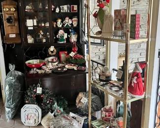 Christmas holiday decor, Gold/glass shelving, Antique secretary, Oak wall clock