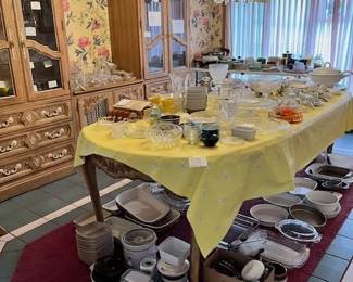 Dining Room table, hutches, console, cooking and crystal, chandelier