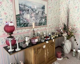 Candles, Candle holders, Candle sticks, Framed art with picture continued on the mat, Vintage Fenton double ball lamp, 28" ceramic vase with stems, Solid wood server (additional pieces in Dining Room)