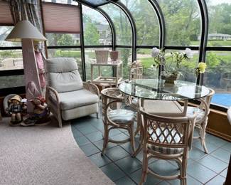40" glass-top table. Four chairs, Ratan, fabric seats