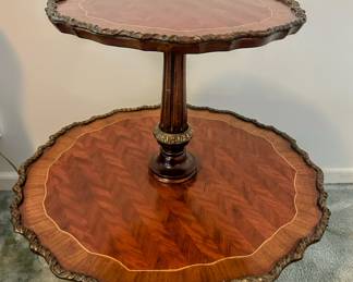Vintage ornate two-tier pie crust table with inlay, Gorgeous piece!