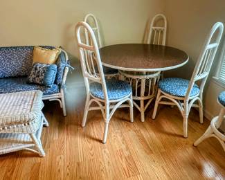 Bamboo Matching Set including table, four chairs, stool, and settee. Wicker Cocktail table.