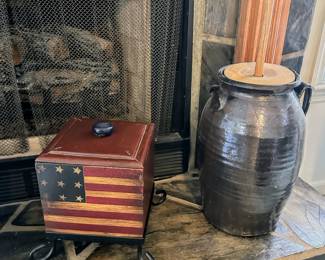 Vintage churn, and wooden decorative Americana box on stand.