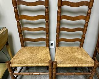 Vintage ladder back, rush seat chairs