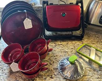 Rare Gerard Hoffman Dinner Plates and Saucers Available Shown with a Hamilton Beach Red Panini Press.