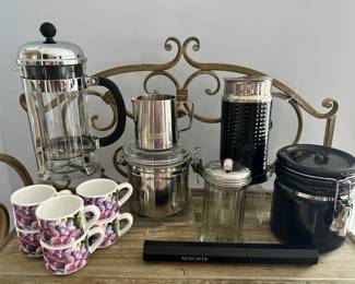 Bognur French Press Shown with Great Espresso Accessories Including Delonghi Nespresso Frother, Rowetti Italian Espresso Mugs and a Mud/WTR Frother.