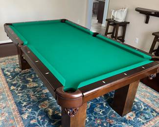 Gorgeous Billiard Table Kept Covered, in Perfect Condition, Solid Wooden Legs, Slate Base and Leather Pocket Ball Holders. 7'5" x 4'1".