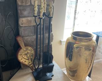 Five Piece Fireplace Set by Ducks Unlimited, Vintage Reclaimed Wooden with Hammered Brass Bellows and Large Brass Decorative Vase, 21"H.