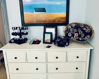 Wonderful Selection of Men's Watches and Belts Shown with a Gorgeous Dresser (63"W x 19.5"D x 37.5"H) and Carol Satria Oil Painting (40" x 28").